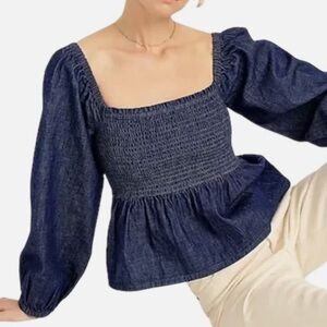 J. Crew Denim Smocked Puff Sleeve Top Size 0